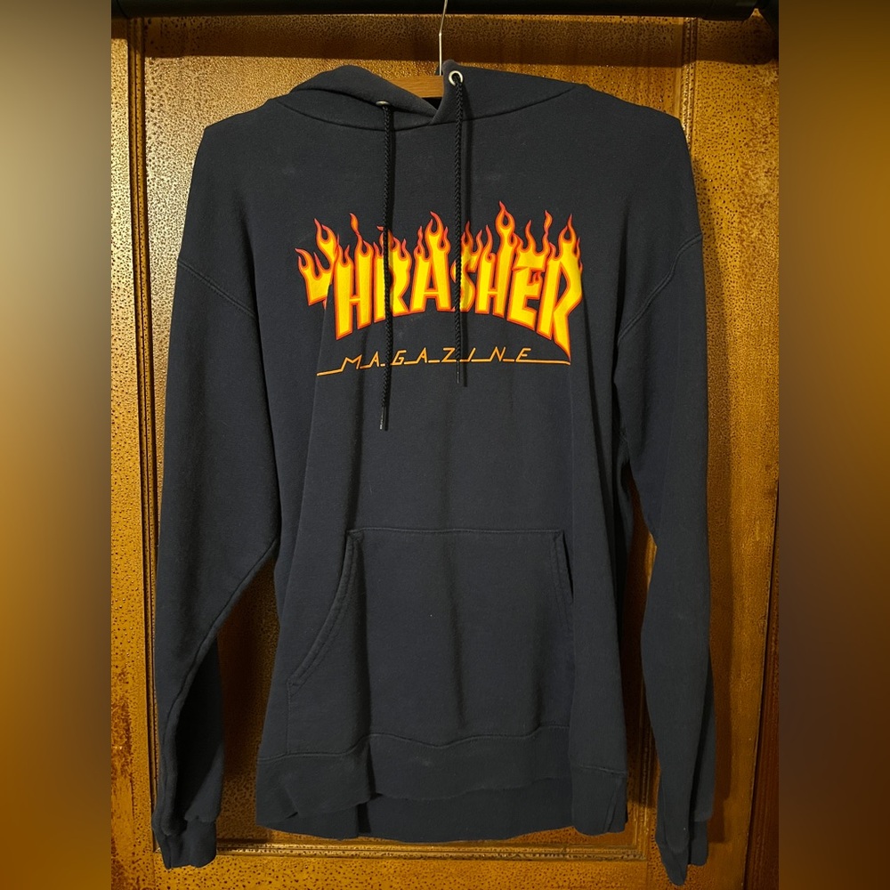 Navy Blue Thrasher Hoodie with Flame Logo